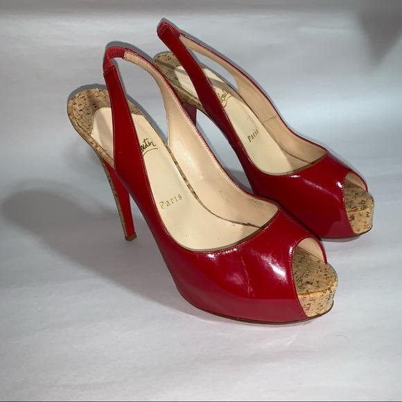 CHRISTIAN LOUBOUTIN size 39 red patent leather peep toe SLINGBACK platform HEELS - Picture 8 of 12